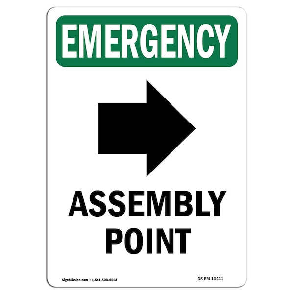Safety Sign, OSHA EMERGENCY, 5" Height, Assembly Point (Right Arrow), Portrait, 10PK